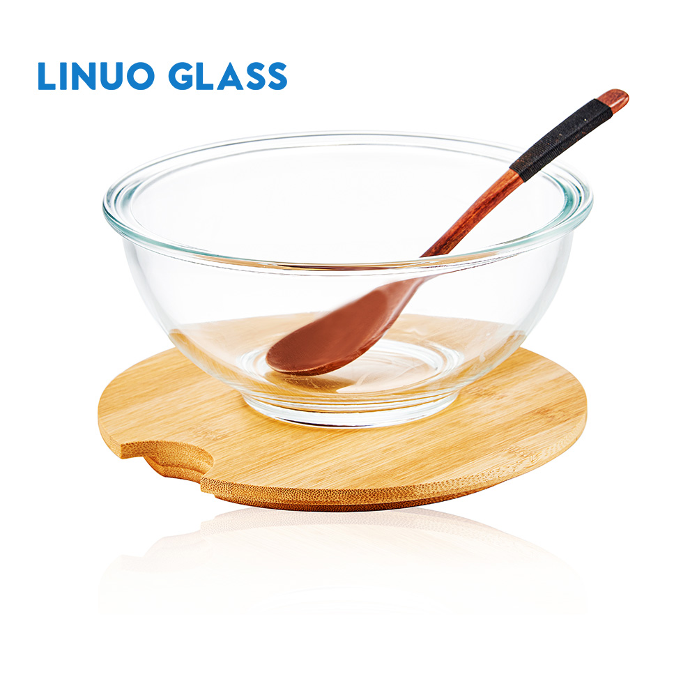 Conjunto de saladeira de vidro com tampa de bambu