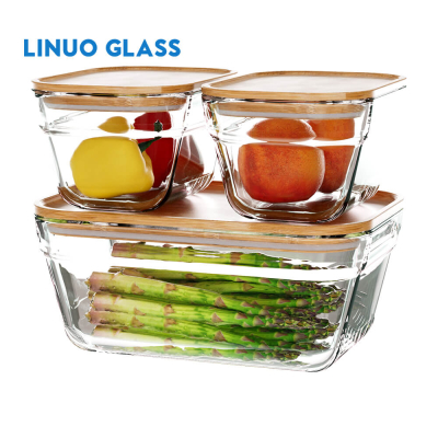 竹のふたが付いたガラス食品容器