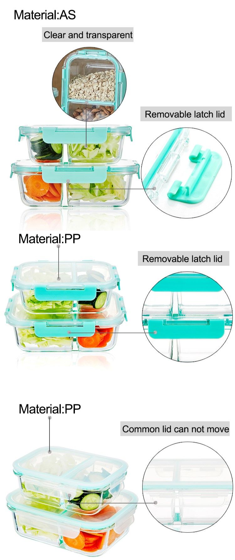 Récipients à lunch avec séparateur en verre hermétique Récipients à lunch avec séparateur en verre hermétique