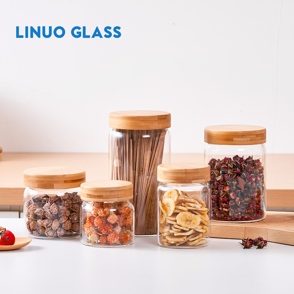 Frascos de vidro para especiarias com tampa de bambu