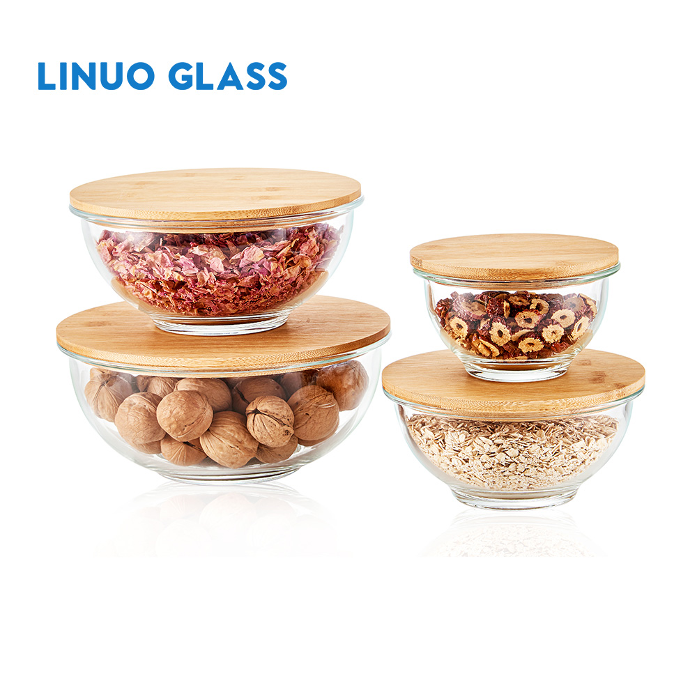 Conjunto de saladeira de vidro com tampa de bambu