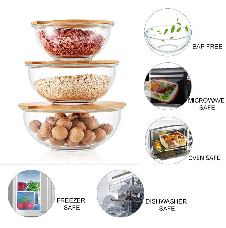 Conjunto de saladeira de vidro com tampa de bambu Conjunto de saladeira de vidro com tampa de bambu