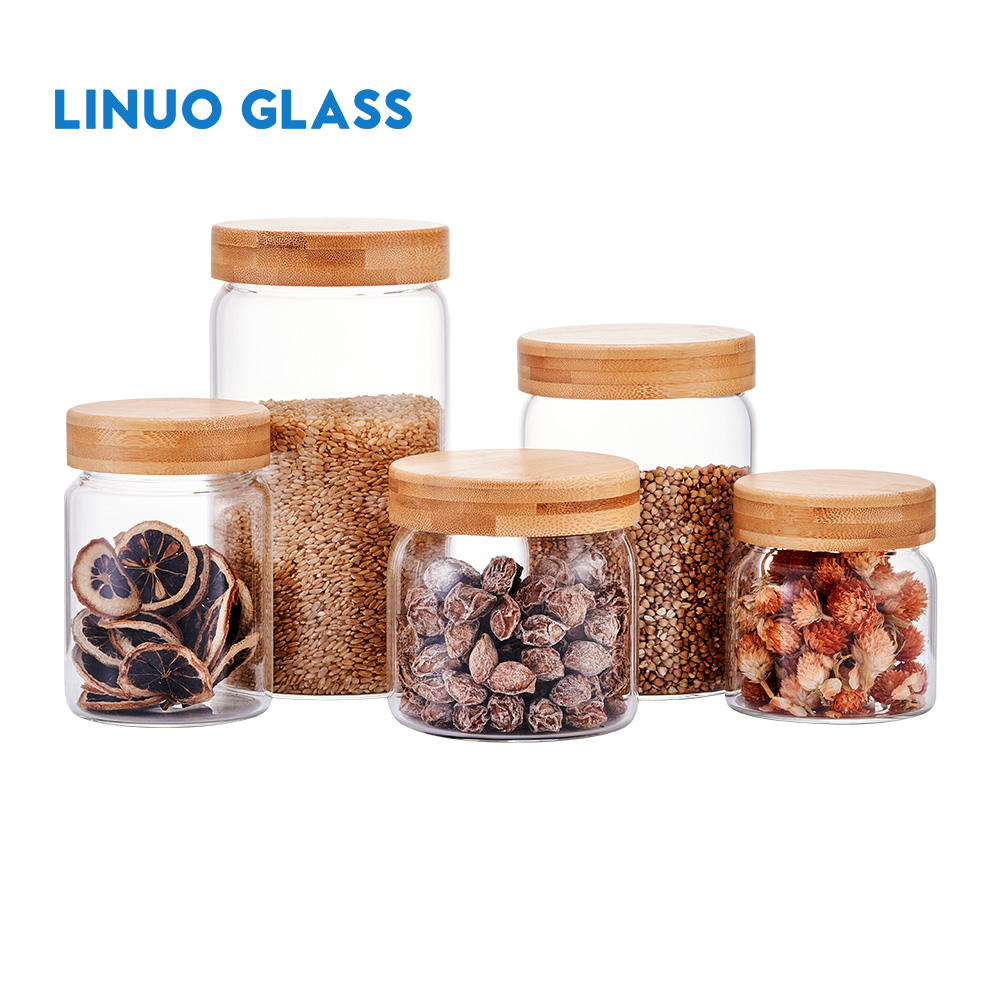Frascos de vidro para especiarias com tampa de bambu