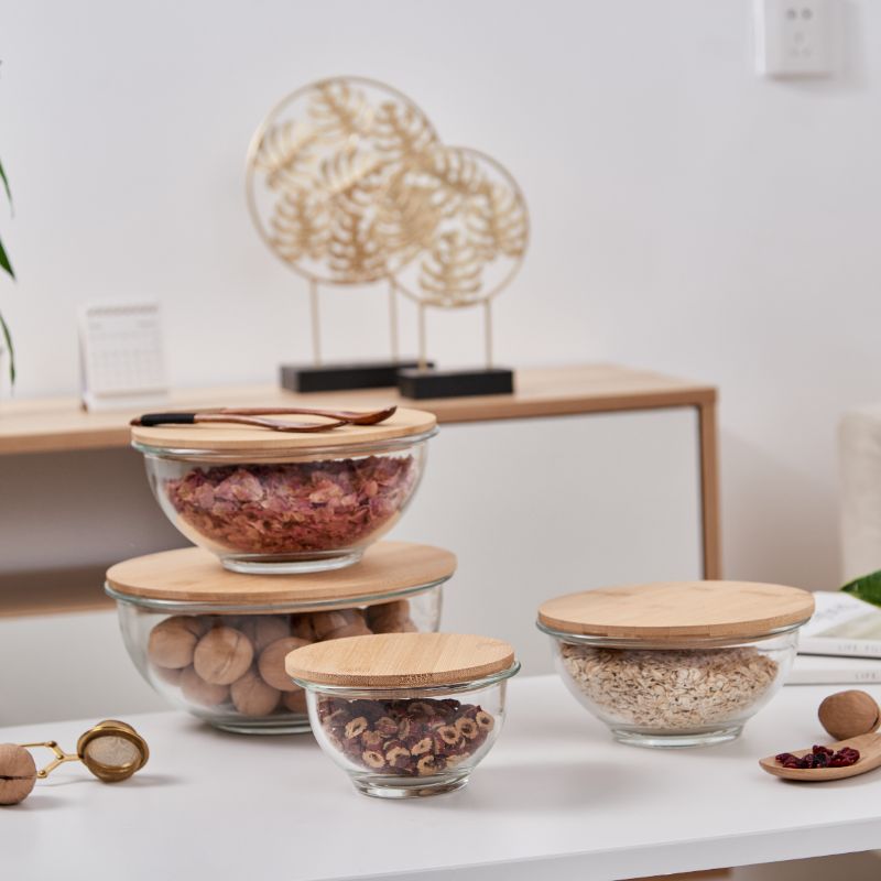 Conjunto de saladeira de vidro com tampa de bambu Conjunto de saladeira de vidro com tampa de bambu