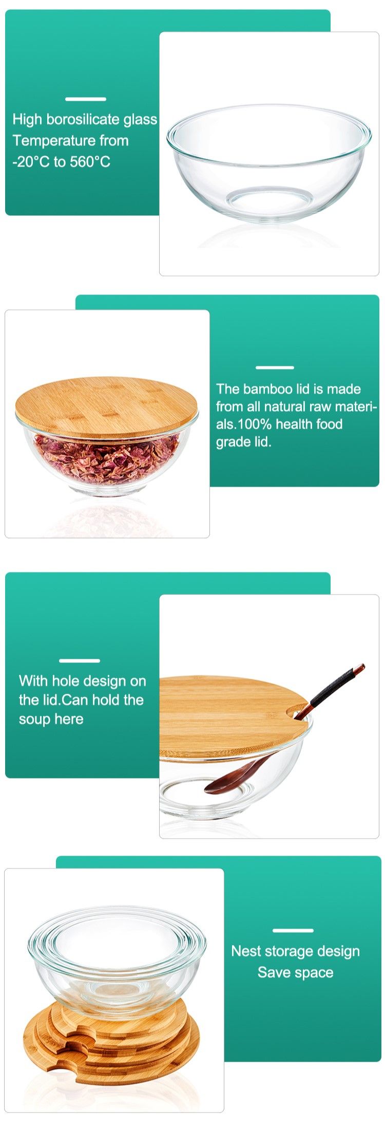 Conjunto de saladeira de vidro com tampa de bambu Conjunto de saladeira de vidro com tampa de bambu